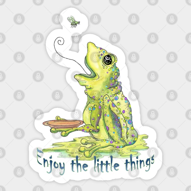 Enjoy The Little Things Watercolor Frog and Fly Sticker by BonnieSales